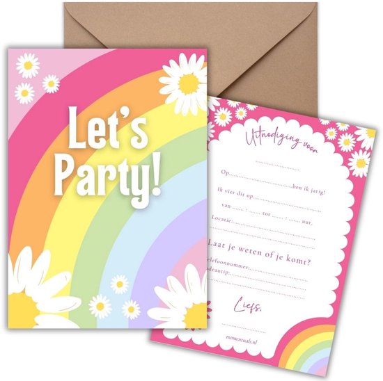 Uitnodiging Kinderfeestje 10 Kaarten + Enveloppen - Regenboog Bloemen - Party Roze – Jongen & Meisje - Uitnodigingskaarten – Beschrijfbaar – Verjaardag Kind