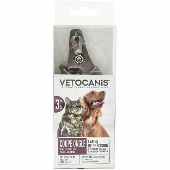 Verpakking met precisie nagelknipper, met afbeelding van kat en hond. De nagelknipper zit in de transparante verpakking.