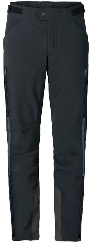 Zwarte softshell fietsbroek met ritsen op de zijkant en grijze panelen op de benen.