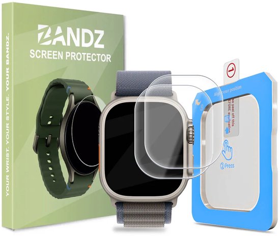 Verpakking met Bandz screenprotector, smartwatch met donkerblauwe band en installatietool.