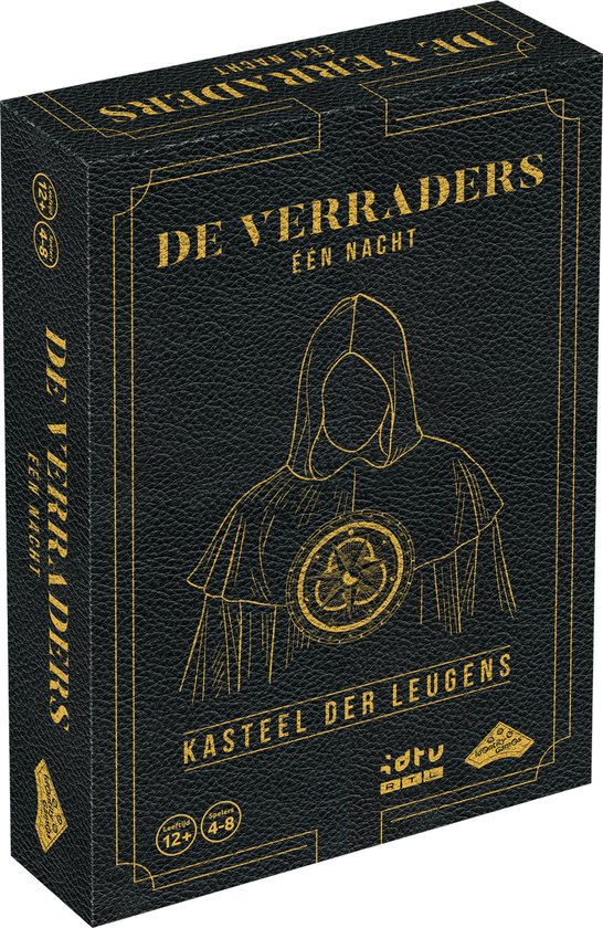 De Verraders: Eén nacht bordspel. De doos toont een figuur met kap, met het logo van het spel.