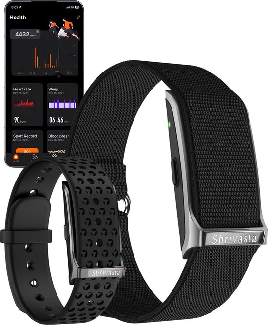 Shrivasta Activity Tracker Dames & Heren Zwart- Sporthorloge met Hartslagmeter - Zuurstofmeter (SpO2) - Bloeddrukmeter – Stappenteller & Slaaptracker – incl. 2 Armbanden (Nylon & Siliconen)