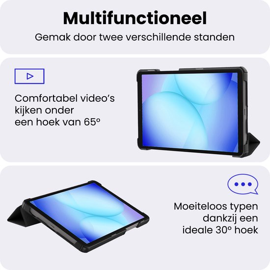 Étui pour tablette noir en position 65° et 30° pour regarder des vidéos et taper.