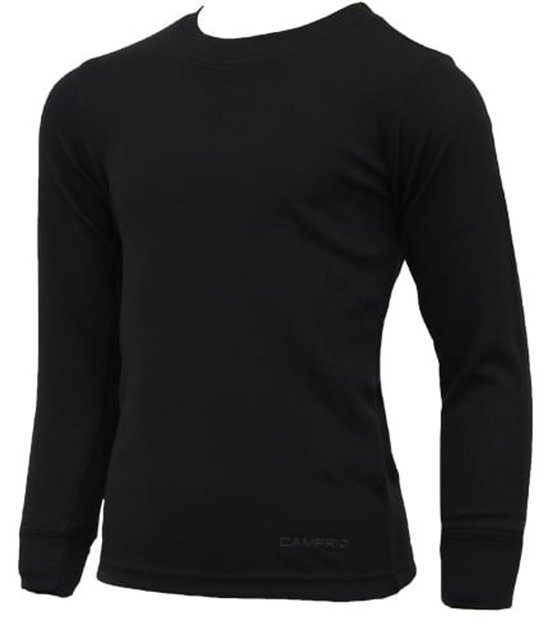 Zwart thermoshirt met lange mouwen, ronde hals en een logo op de zoom.