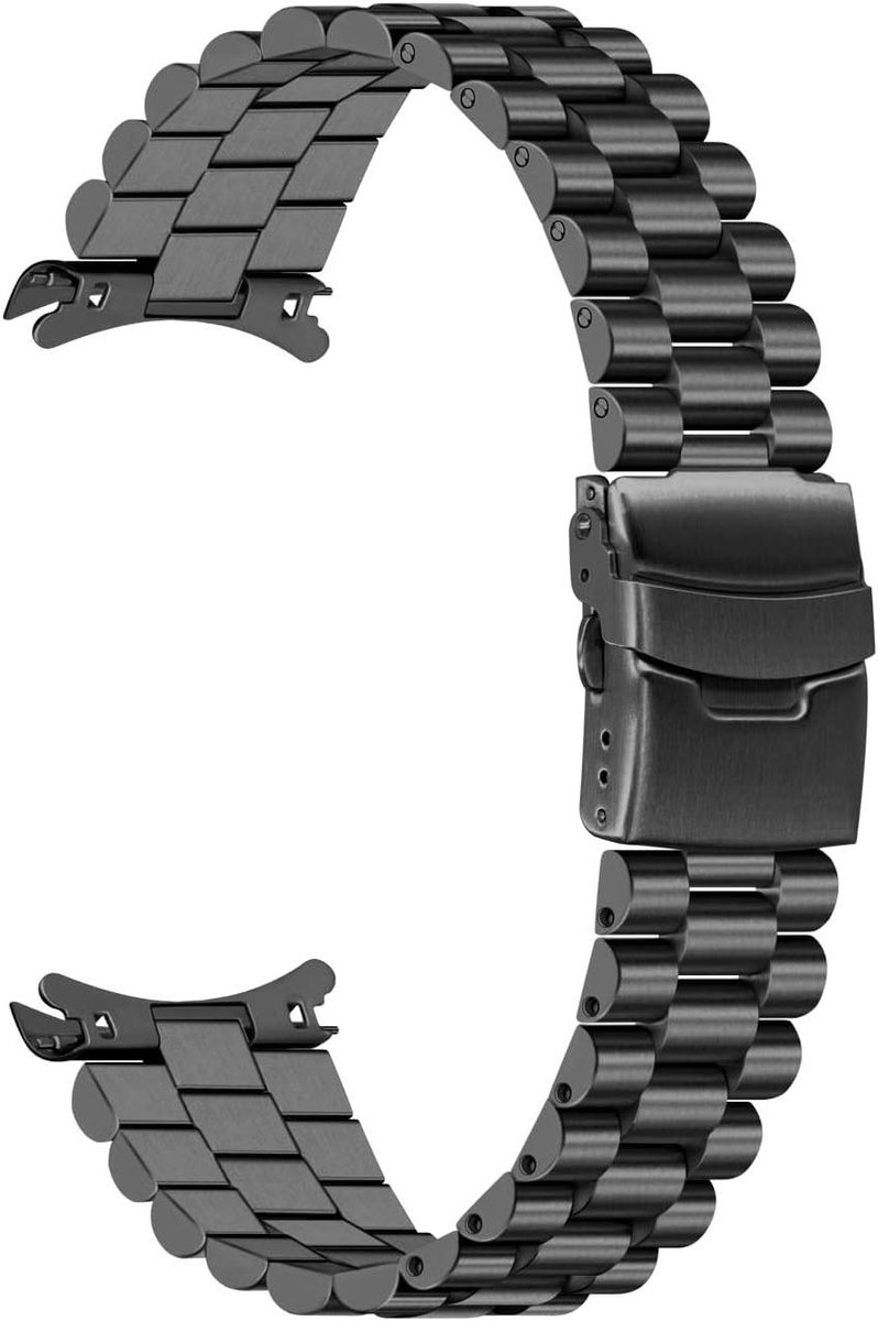 Nordivar - Gebogen Roestvrijstalen Horlogeband 20mm-22mm met Duiksluiting - Mat Geborsteld - Halve Maan Links - Zwart en Zilver