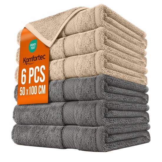 Handdoeken Komfortec - Handdoeken 50 x 100 cm - Lot de 6 - 100 % Katoen - Handdoeken - Anthracite-Beige