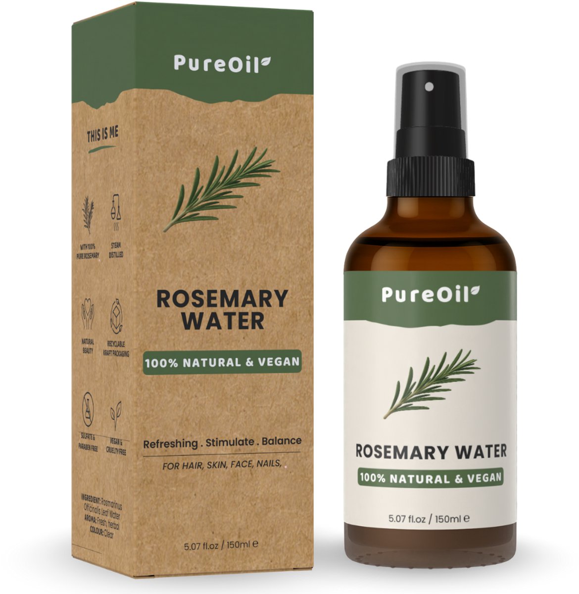 PureOil - Rozemarijn Water- 150ml - Rozemarijn Olie Voor In Het Haar En Huid - 100% Natuurlijk & Vegan Rozemarijnwater - Rosemary Oil - Haargroei - Haargroei