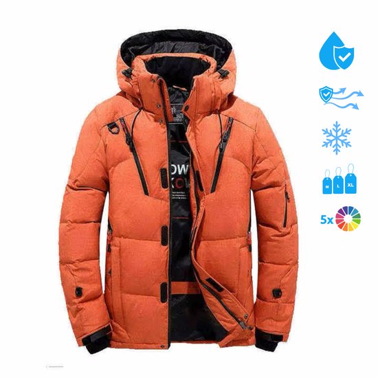 Heren Winterjas - Warme Gevoerde Pufferjas - Winddicht & Waterafstotend - Capuchon - Oranje - L