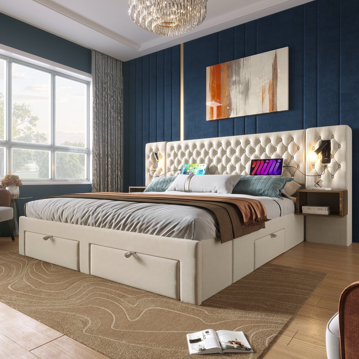 MODFU Tweepersoonsbed 160x200 cm – Fluweel beige – 2 nachtkastjes – 4 laden – Leeslamp – USB – Met matras