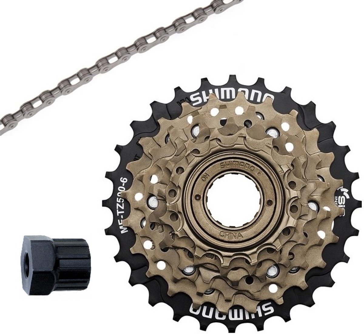 6 speed ketting + Shimano TZ500 14-28T 6speed Freewheel / Pion / Opschroef cassette + Afnemer Tool