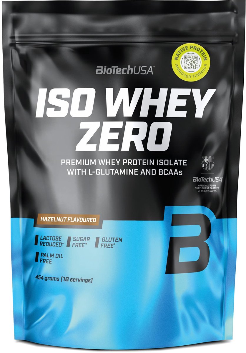 BioTechUSA Iso Whey Zero | Premium wei-eiwitisolaat | Grasgevoerd | Enzymvrij | Suiker- en glutenvrij, 454 g, Hazelnoot