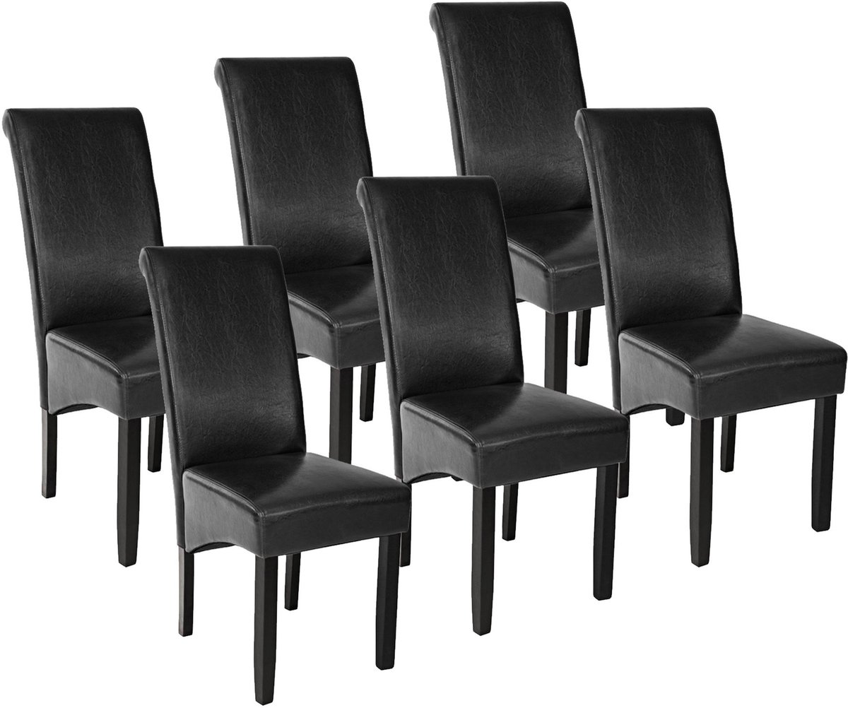 tectake® Eetkamerstoel - Comfortabele kunstleren stoel met hoge rugleuning - Keukenstoel voor keukentafel - Gestoffeerde keukenstoel - Diverse kleuren en sets - Maximale belasting 120 kg - Afmeting (LxBxH) 44 x 63 x 106 cm - Set van 6 - Zwart