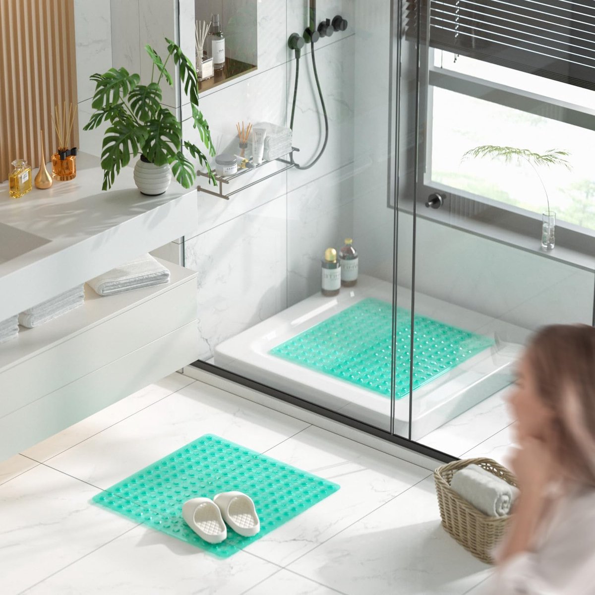 Badmat - 53 x 53 cm (Vierkant) - Polyvinylchloride (PVC) - Antislip - tegen schimmel - met zuignappen en afvoergaatjes - Kleur : groen
