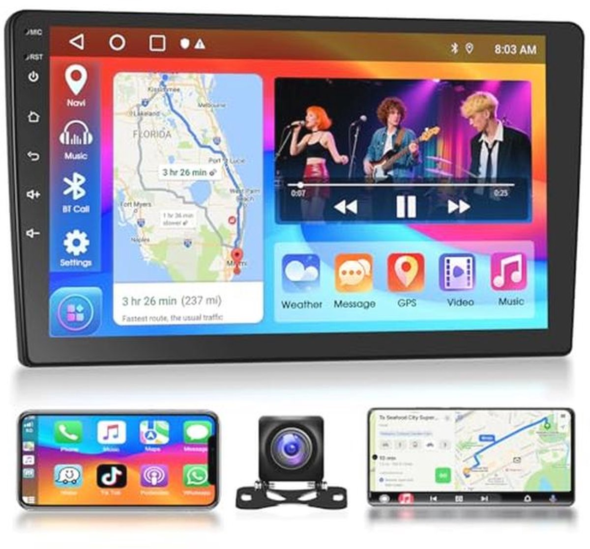 Draadloze Autoradio met 9'' HD Touchscreen, Android Auto, GPS, Bluetooth en Achteruitrijcamera