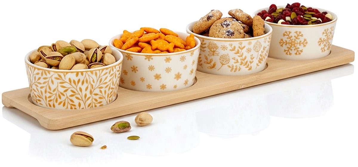 Snackkommen Porselein op Dienblad 5 delig - Snackkom - Dipschalen - Set - Kleine Komen voor Dipsauzen en Snacks