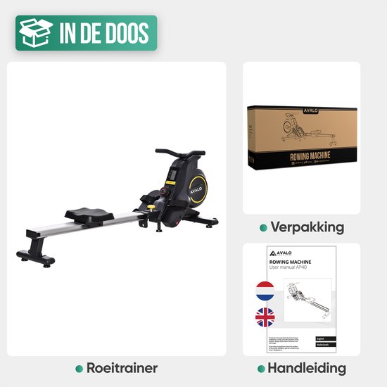 Inhoud van de doos: Roeitrainer, verpakking en handleiding.