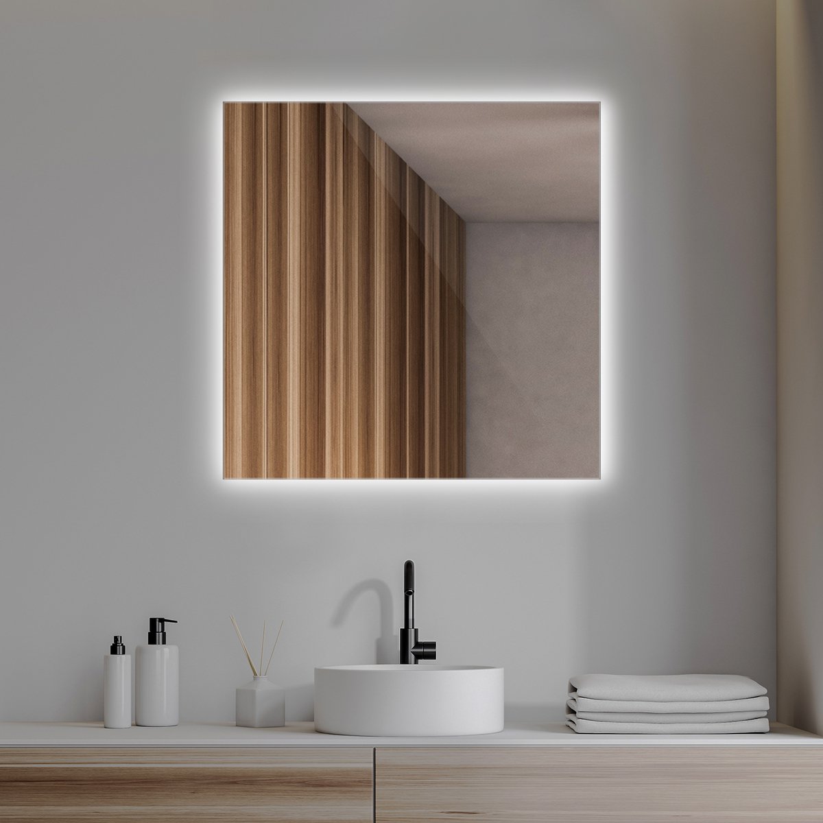 Coloray Grote Rechteckige LED Spiegel - Elegante Wand-LED Spiegel Rechteckig - 50 cm x 50 cm - Klassische Rechteckige LED Spiegel - Rechteckige Wand-LED Spiegel - Koel Licht - Stijlvolle Wand-LED Spiegel