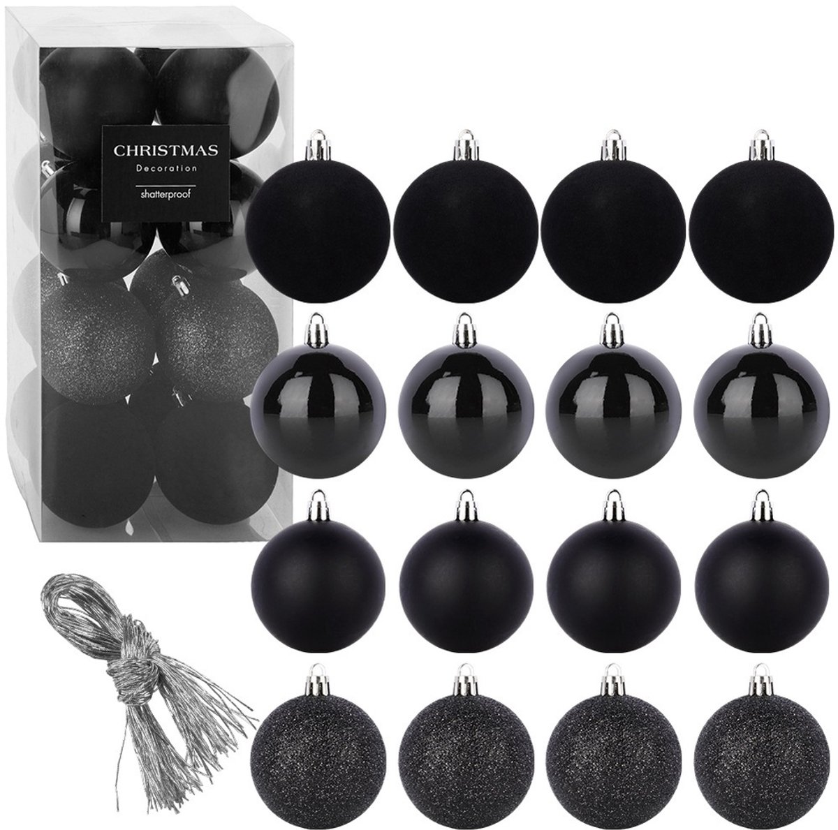 Kerstballen Set Onbreekbaar Zwart 8 cm 16 stuks - Kerstdecoratie