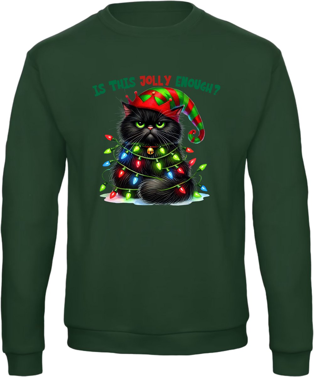 Is This Jolly Enough? Kersttrui - Dames Heren - Kat - Unisex - Kerst Cadeau - Grappig - Foute Kersttrui - Donkergroen - Maat M