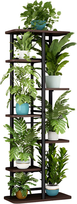 Livista Plantenrek met 6 planken – Industrieel Plantenrek van metaal & hout – Ruimtebesparend Plantentoren voor binnen
