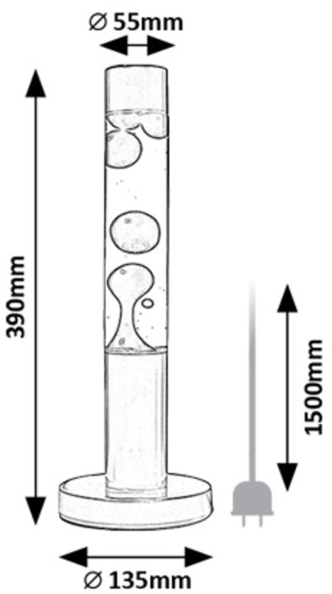 Schematische tekening van een lavalamp met afmetingen: 390mm hoog, 135mm diameter voet, 55mm diameter cilinder, 1500mm snoer.