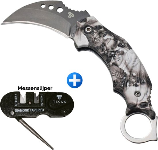 TECQX Inklapbare Mini Karambit - Zakmes - Survival mes - Counter Strike - Grim Reaper - Inclusief messenslijper - Kamperen - Scouting mes - White Skull