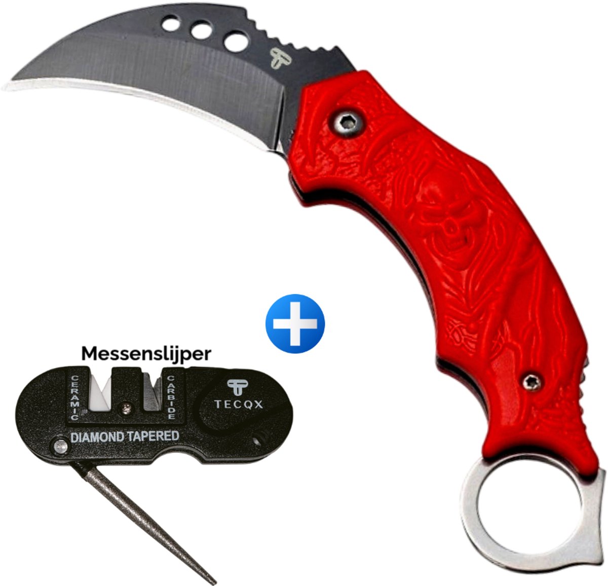 TECQX Inklapbare Mini Karambit - Zakmes - Survival mes - Counter Strike - Grim Reaper - Inclusief messenslijper - Kamperen - Scouting mes - Red Skull