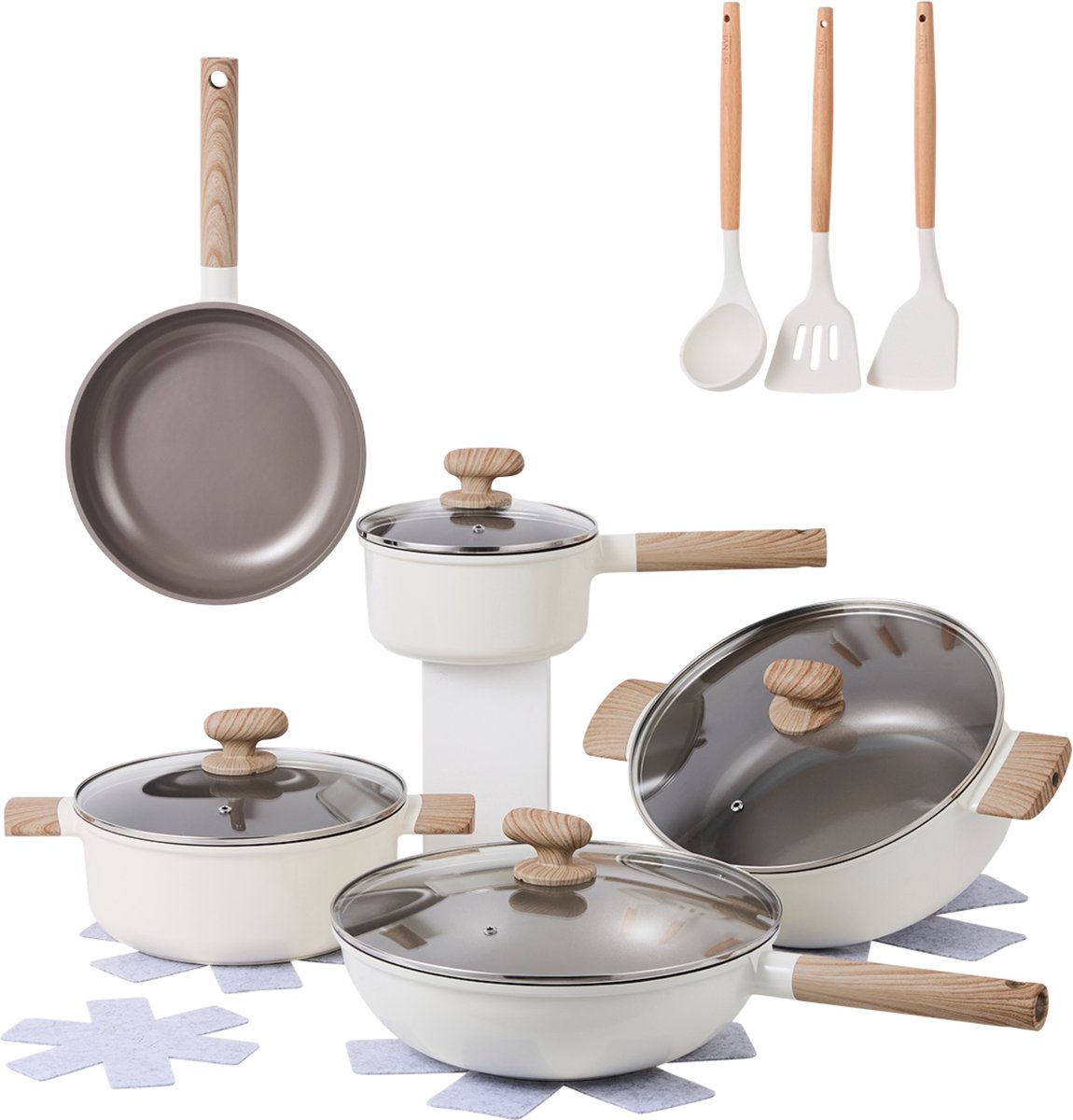 Alice by ISENVI Pannenset Inductie - Keramisch - 16 Delig - PFAS, PTFE Vrij - Alle warmtebronnen - Beige