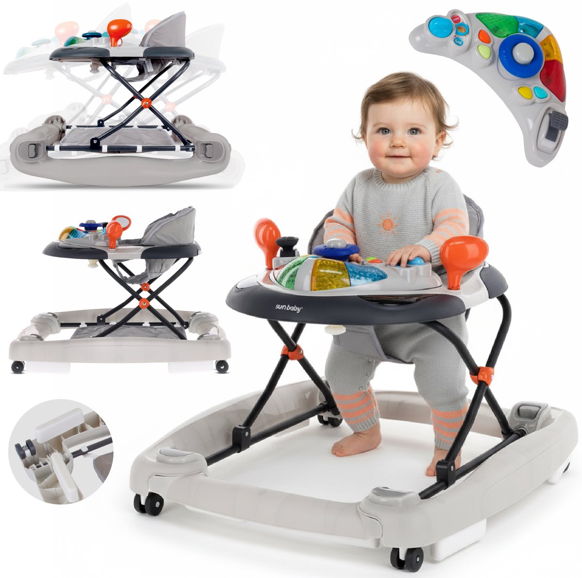 sun baby Loopstoel, baby walker vanaf 6 maanden, verstelbare hoogte, rubberen wielen - Grijs