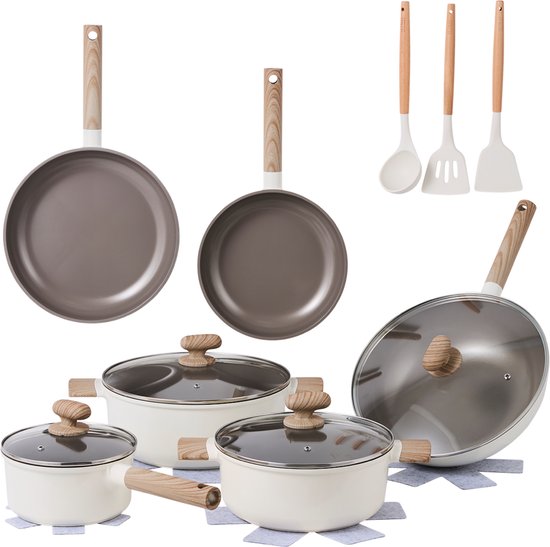 Alice by ISENVI Pannenset Inductie - Keramisch - 17 Delig - PFAS, PTFE Vrij - Alle warmtebronnen - Beige
