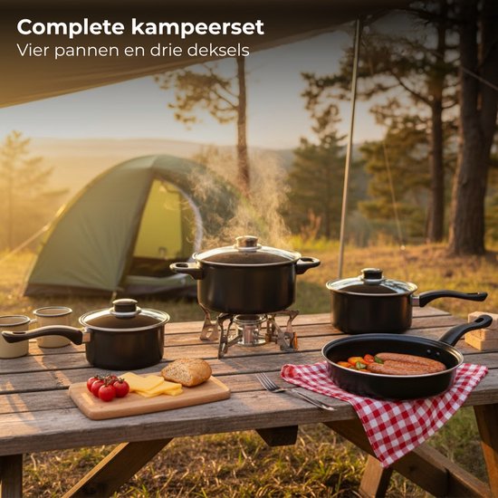 Lomera Camping Pannenset - Koken Tijdens Kamperen - Anti-Aanbaklaag - Geschikt voor Gas - 4-Delige Pannenset - Braadpan en Koekenpan - Koolstofstaal Materiaal - Kampeer Kookset - Set Camping Pan - Camping Kookgerei — afbeelding 5