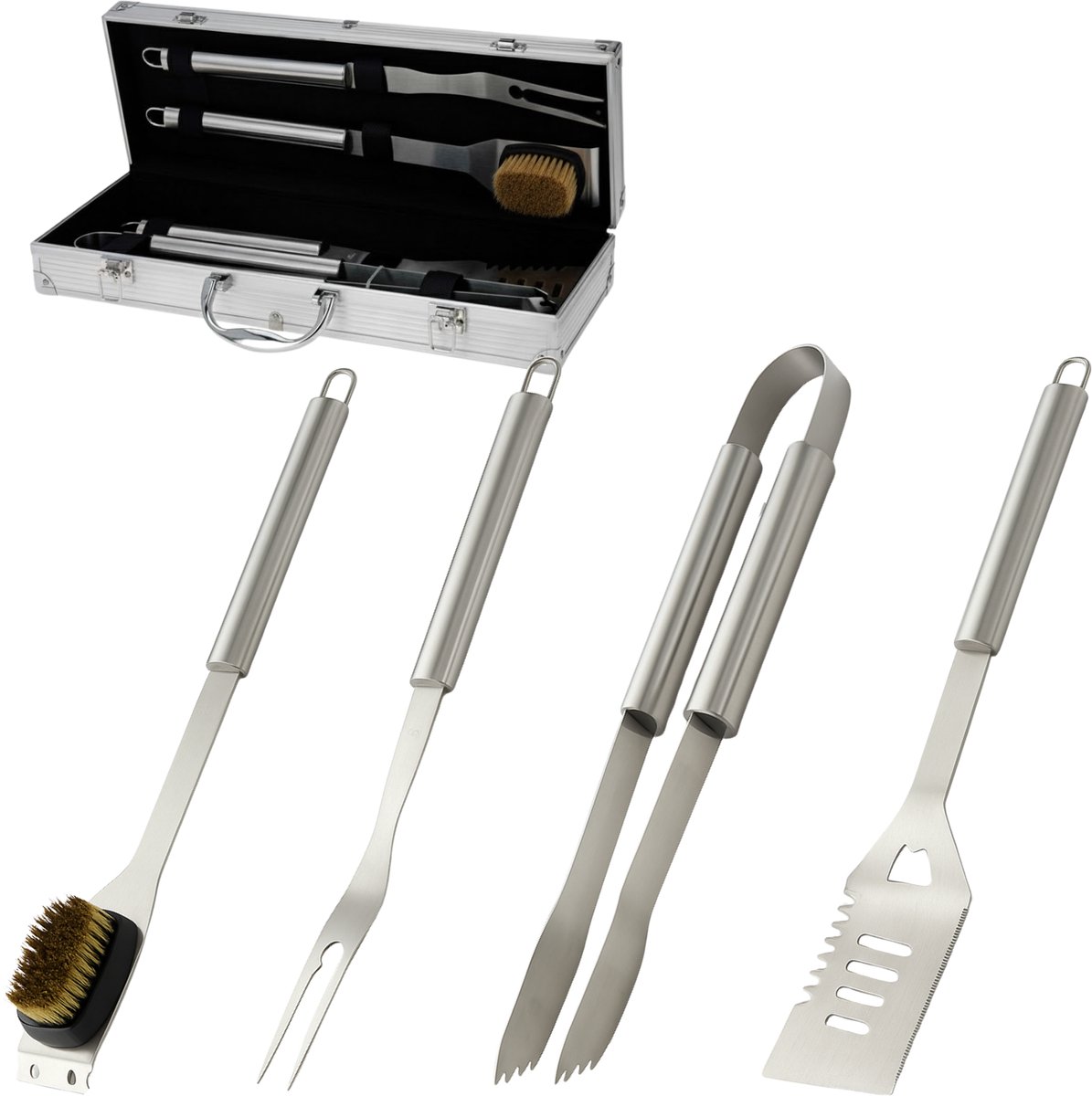 Lomera BBQ Gereedschapset – 4-Delig – Roestvrijstalen Set – Luxe Aluminium Koffer – BBQ-Tang – Vleesvork – Borstel met Krabber – Spatel – Tuin en Camping – Buiten Koken