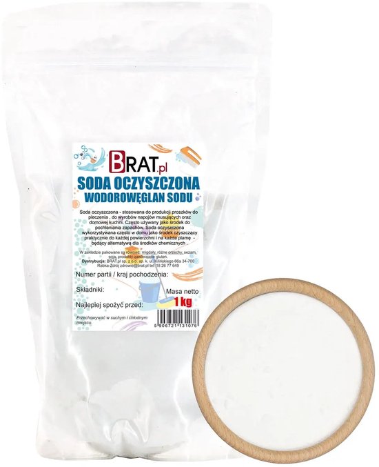 Verpakking met BRAT.pl Witte Soda met tekst: 'Soda oczyszczona WODOROWĘGLAN SODU', 1kg.