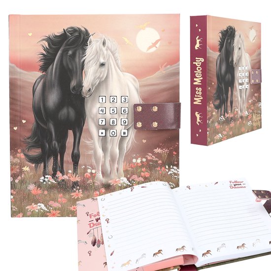 Dagboek met een zwarte en witte paardenprint op de voorkant. Bevat een cijferslot en "Miss Melody" logo.