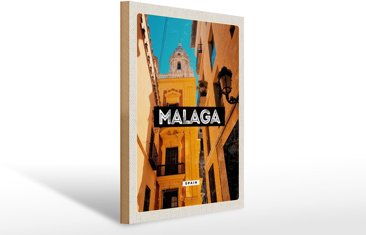 Femer Holzschild Reise 30x40cm Malaga Spain Altstadt Retro Geschenk Blauw