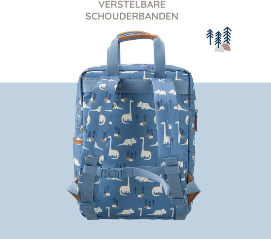 Achterkant van een blauwe rugzak met dinosaurussenprint, verstelbare schouderbanden en bruine accenten.
