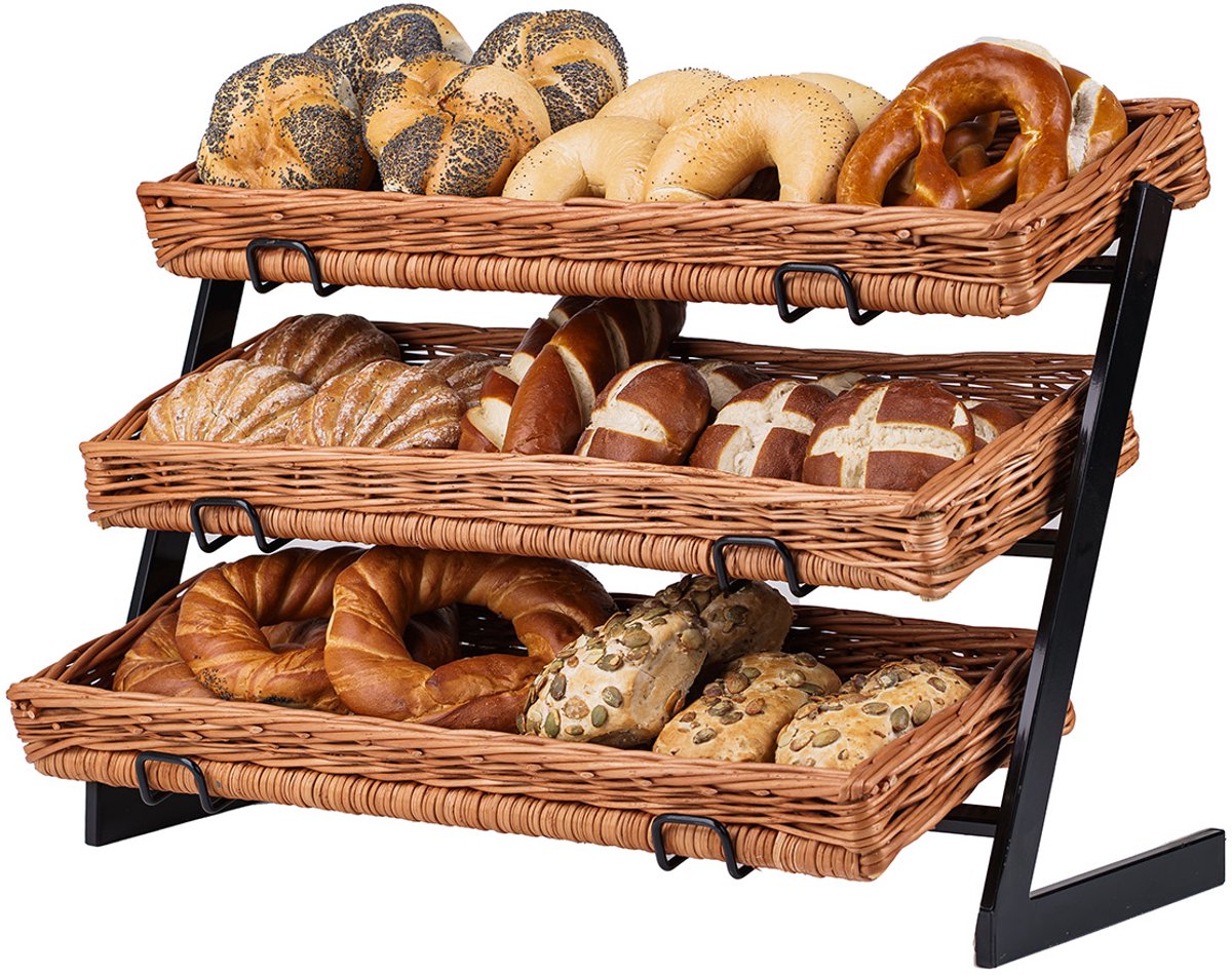 The Wicker Stories – Metalen standaard met 3 handgevlochten rieten manden – Voor presentatie en organisatie – Europees product – Natuurlijk