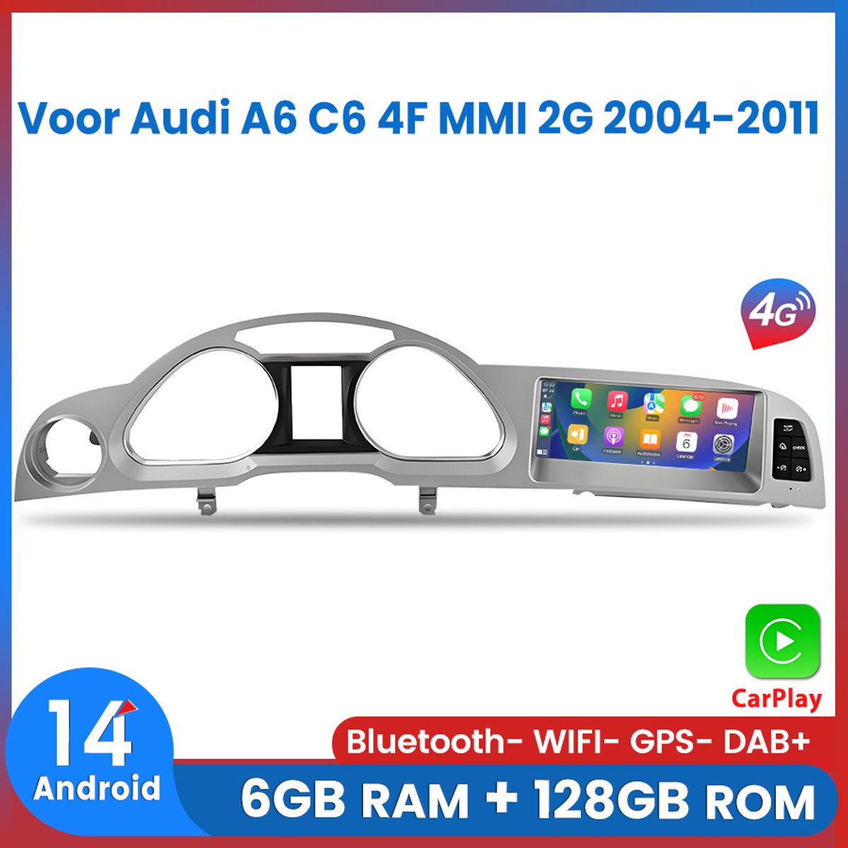 Awesafe Autoradio - Geschikt Voor Audi A6 C6 4F MMI 2G 2004 t/m 2011 - 6GB+128GB - 8-Core processor - 8.8 Inch Android 14.0 - Draadloos Apple Carplay & Android Auto - 4G WIFI GPS Navigatie - Ondersteuning invoegen 4G SIM - Zilveren