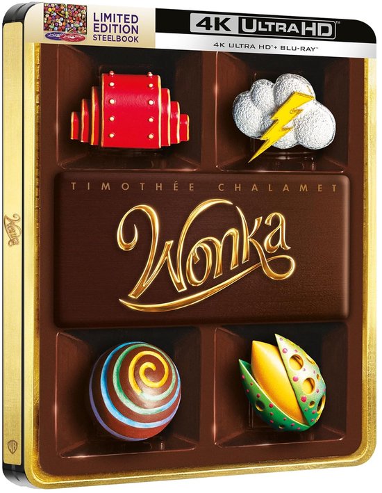 Voorkant van de "Wonka" 4K Ultra HD Blu-ray steelbook, met vier vakjes die snoepjes, de titel "Wonka" en Timothée Chalamet bevatten.