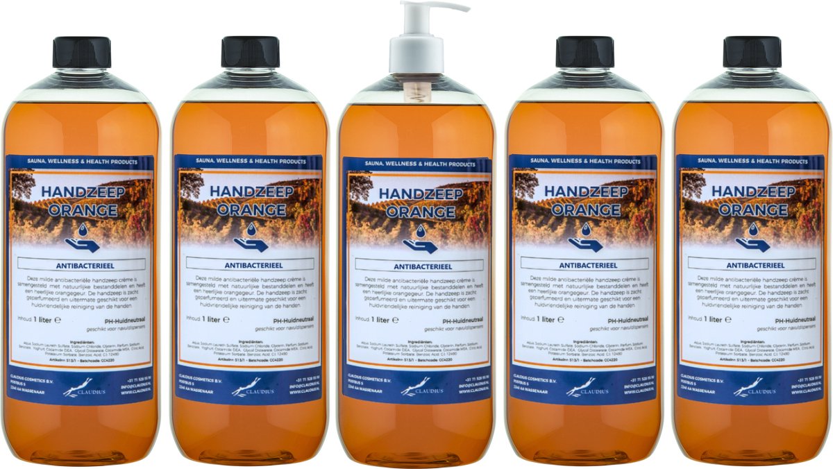 Handzeep Orange 1 liter - set van 5 stuks - met gratis pomp - Voordeelverpakking