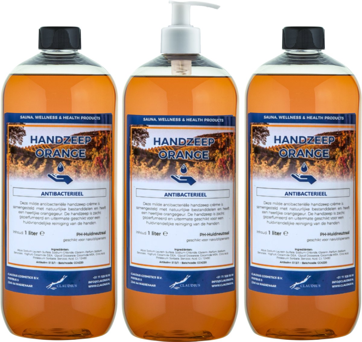 Handzeep Orange 1 liter - set van 3 stuks - met gratis pomp - Voordeelverpakking