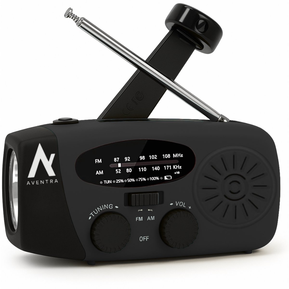 Aventra® Noodradio - Noodradio Solar Opwindbaar - Draagbare Radio met Stroom - Opwindbaar met Accu en Solar – Powerbank Zonneenergie - 2000 mAh Powerbank – AM/FM Radio - Met Zaklamp - Noodpakket en Noodrantsoen - Zwart