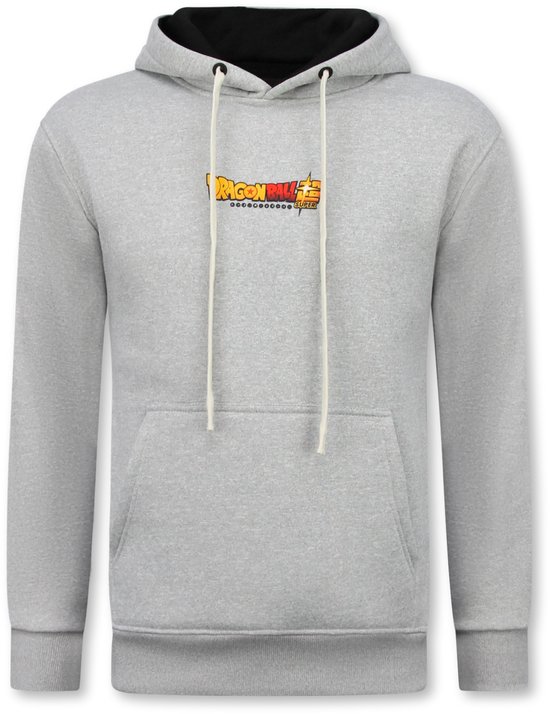 Grijze hoodie met 'Dragon Ball Super'-logo op de borst en witte trekkoorden.