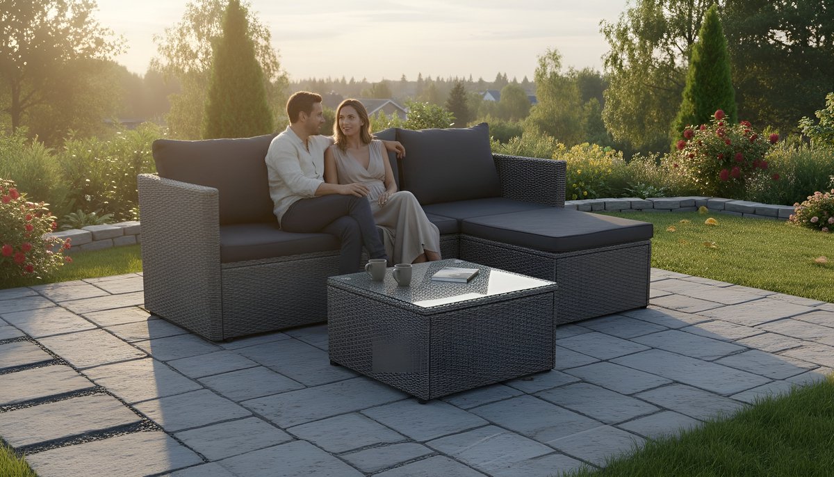 Polyrotan Loungeset voor Balkon & Tuin – Hoekbank Zitgroep met Tafel & Kruk – 190x125x60 cm – Compacte 3-4 Persoons Tuinlounge – Weerbestendig & Onderhoudsvriendelijk – Kleur Barcelona – Altameubel