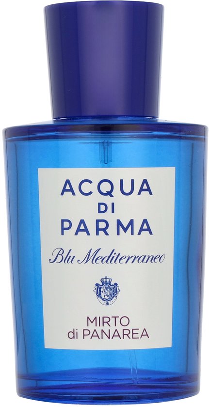 Blauw glazen flesje met blauwe dop voor Acqua di Parma Mirto di Panarea Eau de Toilette.