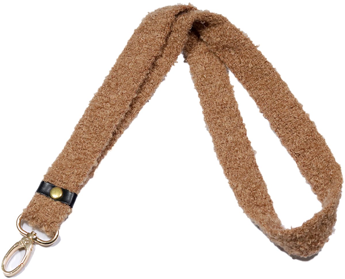 Khaki teddy keycord - bouclé keycord met gouden details - 90 cm - beige sleutelkoord handgemaakt - STUDIO Ivana