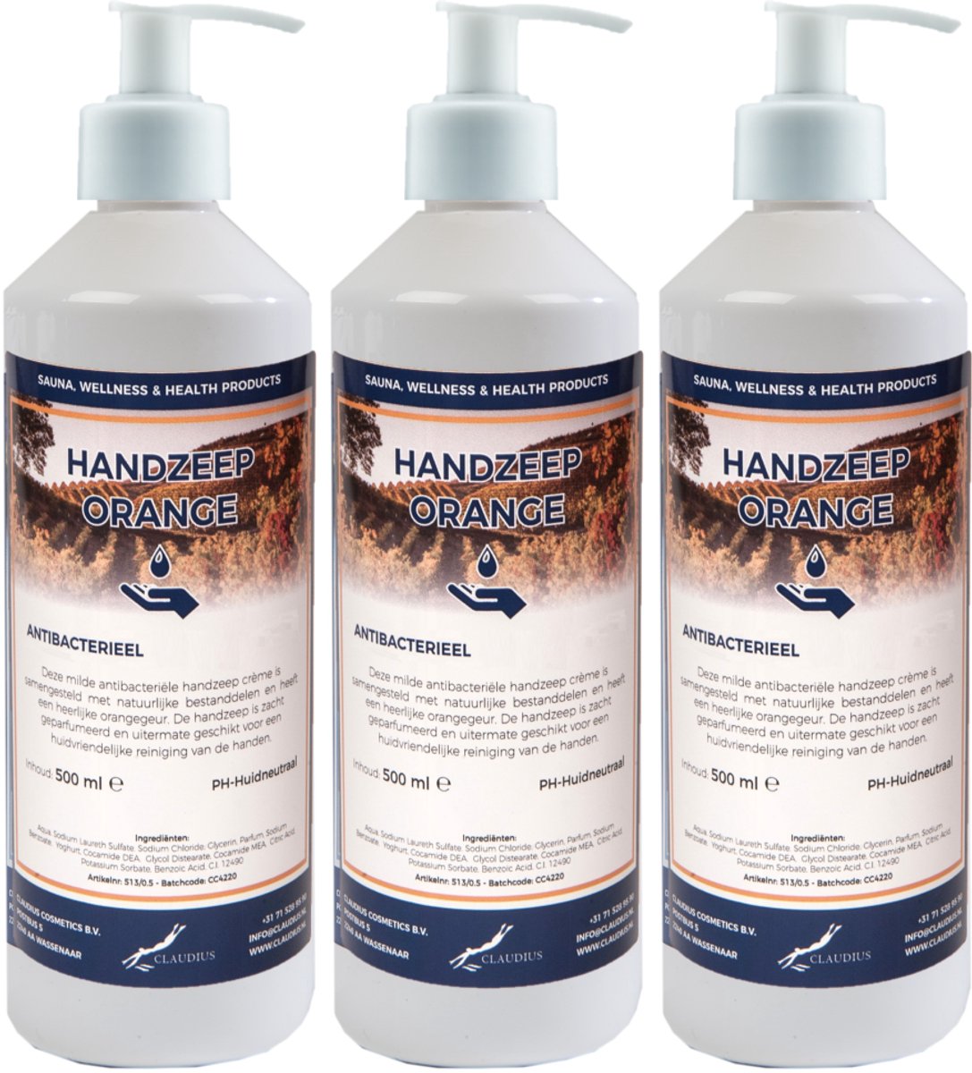 Handzeep Orange 500 ml - set van 3 stuks - met gratis pomp - Voordeelverpakking