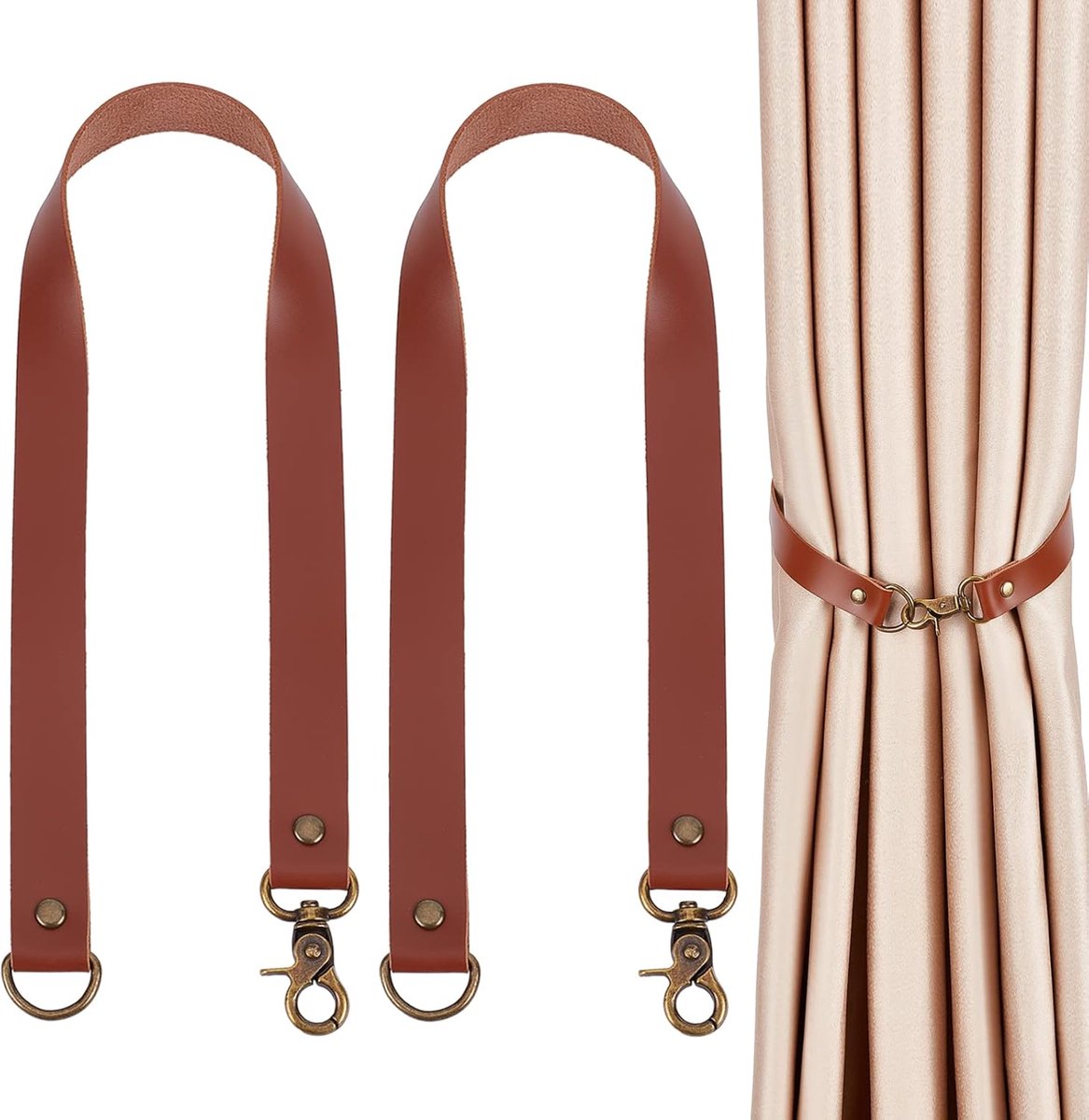 2 Pack Leer Gordijn Tiebacks - Europese Stijl - Op maat gemaakte Decoratieve Gordijn Houders - Gordijnsteunen - Gordijnstangen Haken voor Wand (Saddle Brown)