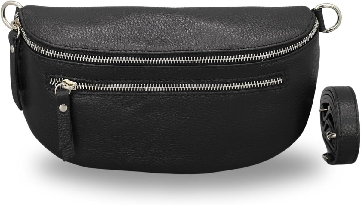 BELCHOME Lucia heuptas voor dames, handgemaakte schoudertas en crossbodytas van echt leer met leren riem en brede schouderband met patroon, 3 vakken, stijlvol, gemaakt in Italië, Zwart