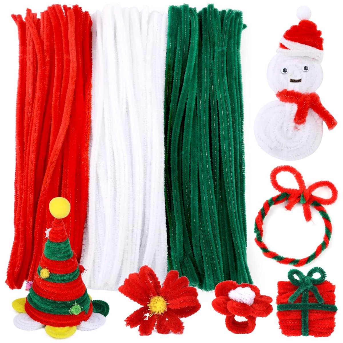 QTTVBTNA - 300 stuks - Twist Stokjes - Knutselmateriaal - Chenille Stokken - Kerstdecoratie - DIY Creatief Knutselen - Rood/Groen/Wit - 30 cm